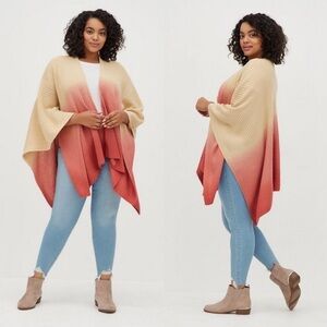 NWT Torrid Ruana Tricolor Dip Dye Ombre Cream Pink Knit Poncho OS Plus Size